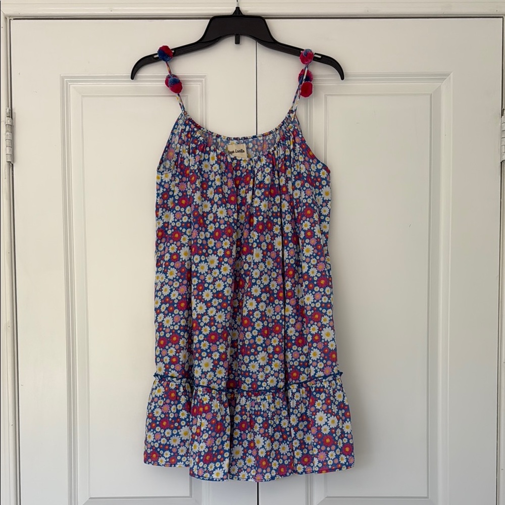 Red and Blue Floral Pom Pom spaghetti strap Mini Sundress EUC